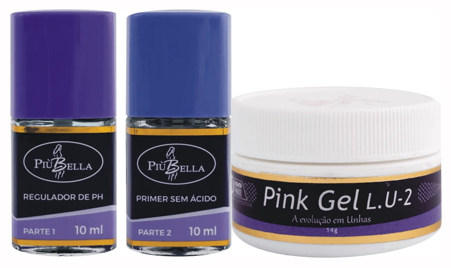 Piu Bella Kit para Alongamento de unha com Regulador pH + Primer sem acido + Gel